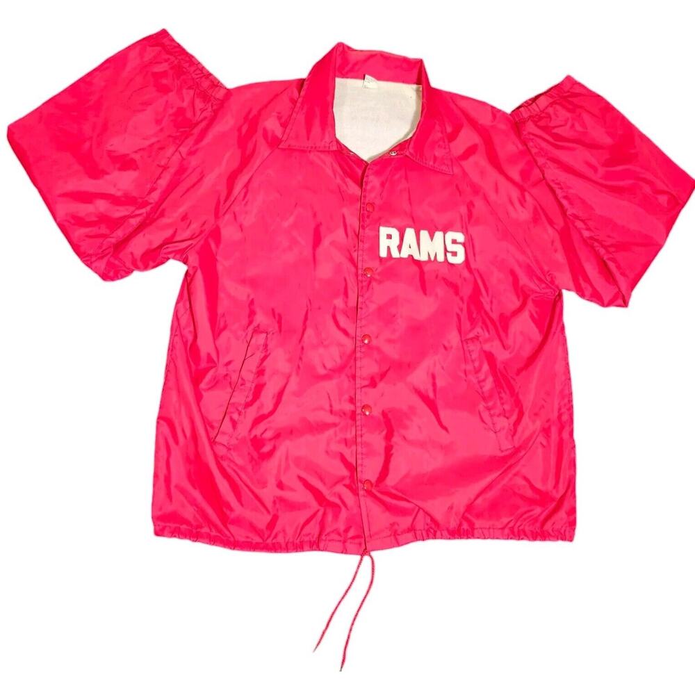 Vtg 70s Rams Button-Up Jacket Windbreaker Lined Padded Collegiate Sports Red USA